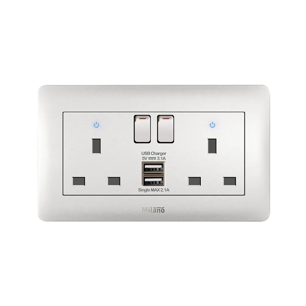 MILANO 13A TWIN SWITCHED SOCKET  NEON WITH USB WH
